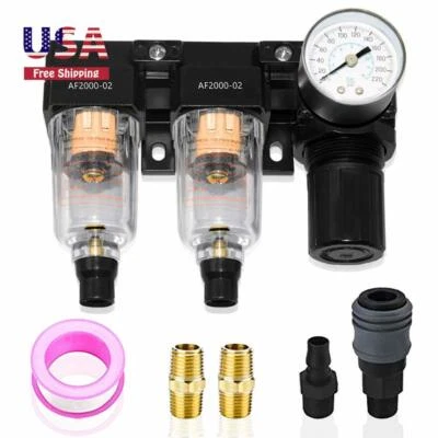 SASHOW Semi-Auto Drain Air Filter Pressure Regulator 1/4'' NPT Dryer kit with Gauge