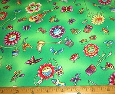 1 yard Cute DAISIES and BUTTERFLIES Having fun on GREEN 100 Cotton Fabric