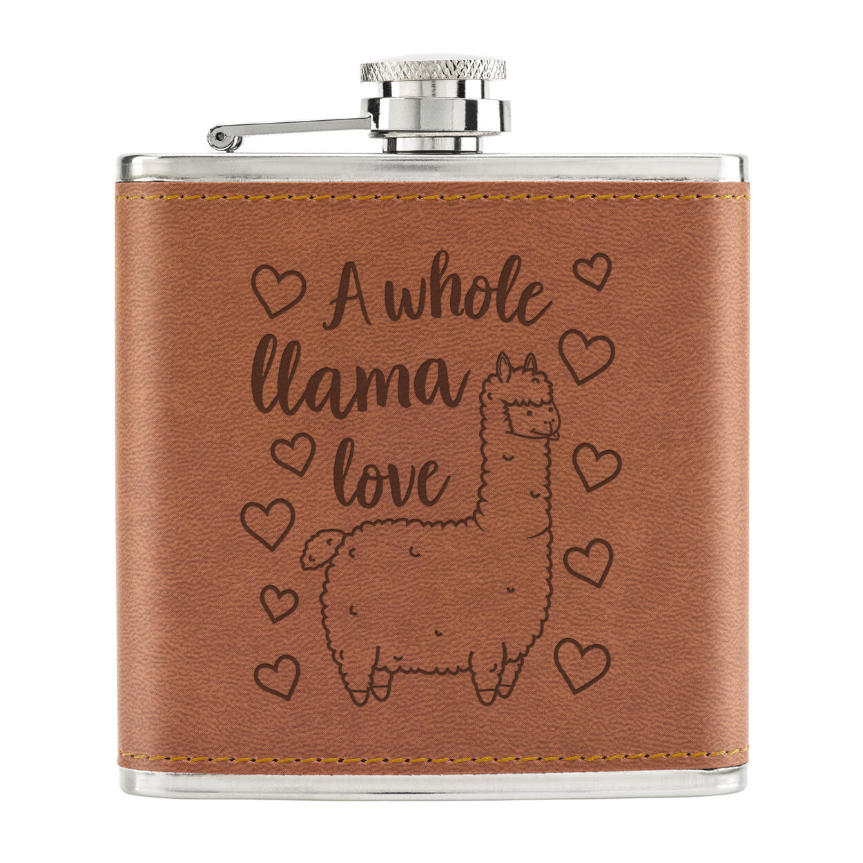 A Whole Llama Love 6oz PU Leather Hip Flask Tan Valentines Wife Girlfriend