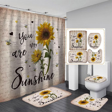 4Pcs Beige Sunflower Bathroom Sets with Shower Curtain and Rugs