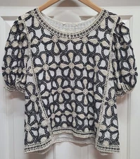 Solitaire Blouse Women's Size XL Black & White Embroidered Short Ruffle Sleeve 