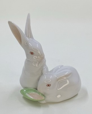 Vintage Herend Hungary Two White Bunnies Porcelain Figurine