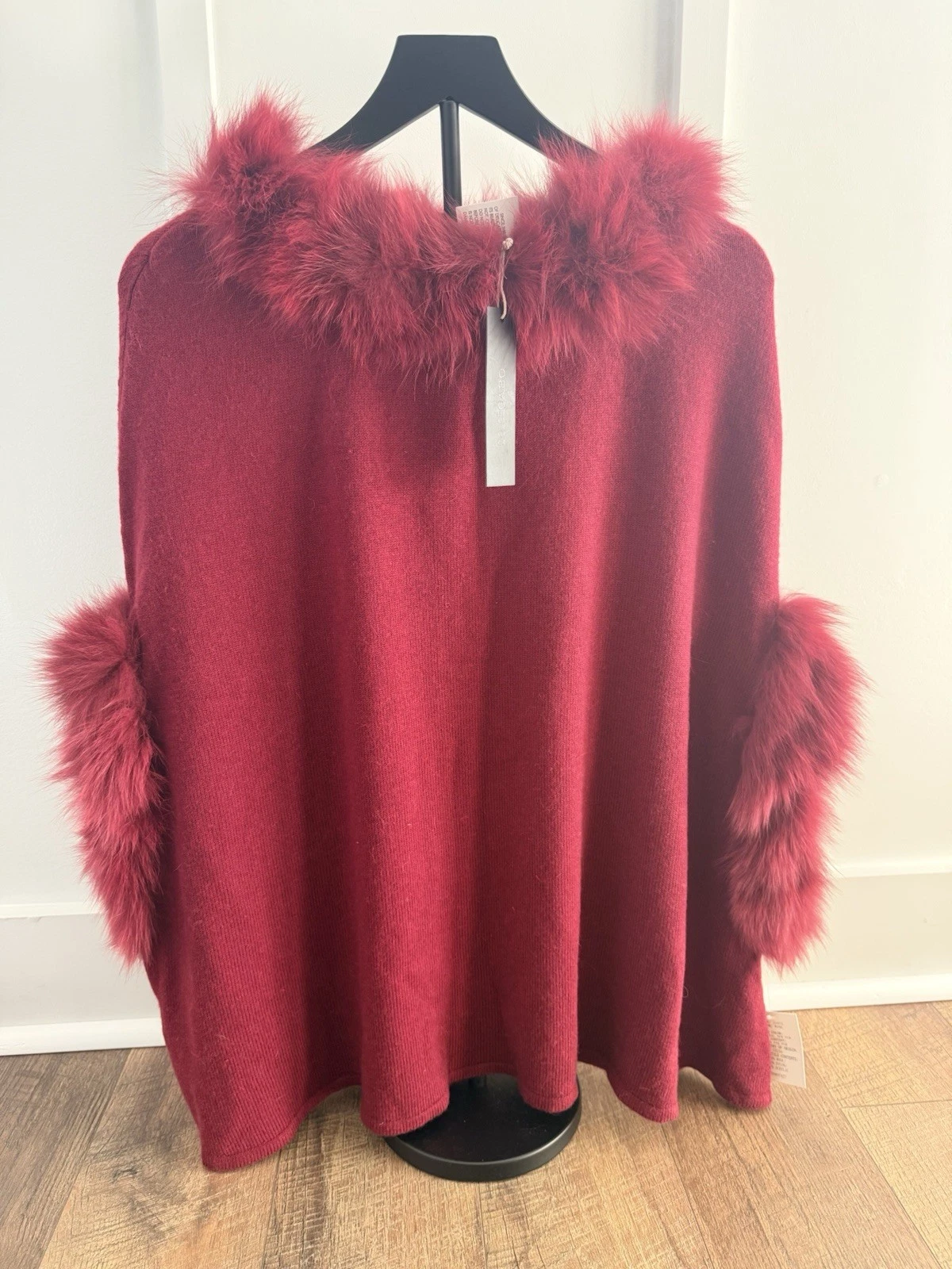 NWT DolceCabo Poncho Sweater Real Fox Fur Collar Pullover Color Wine Sz S/M