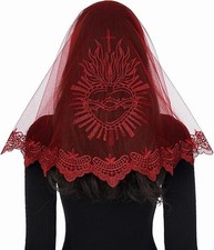 Red Mantilla D-Shaped Sacred Heart Embroidered Veil for Women Church Mass Cat