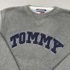 Vintage 90s Tommy Hilfiger Heavy Knit Sweater Mens XXL Gray Spell Out Preppy