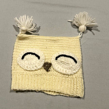 White Crochet Yarn Owl Beanie Hat w/ Tassels, Unisex Kids One Size