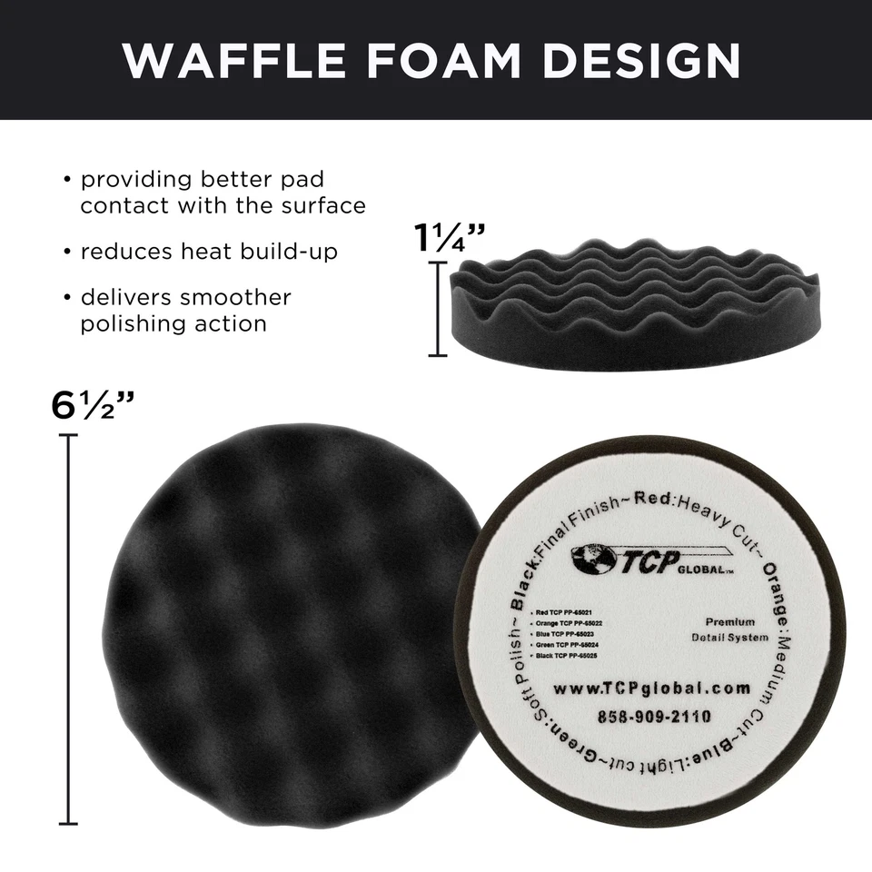 6.5" Black Waffle Final Finishing Grip Foam Polish Pad - DA Hook & Loop Detail - Image 3 of 4