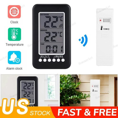 #ad Indoor Outdoor Digital Thermometer Clock Temperature Meter Wireless Transmitter $12.99