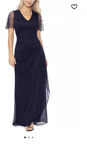 XSCAPE Petite Embellished V-Neck Fit & Flare Gown 14 Petite Dress Navy Blue NEW