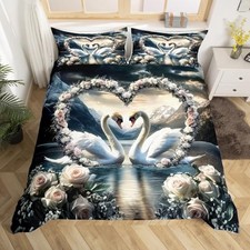 Romantic Swan Duvet Cover Queen Size Queen no comforter Charcoal Black Grey