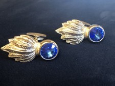 Gresham Blake Designer Cufflinks Large Blue Gem and Silver Feather