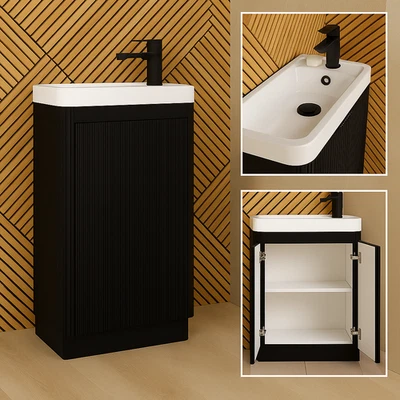 BATH SUPERMARKET Floor Standing 500mm Fluted Black Basin Vanity Unit Bathroom Sink Tap Included