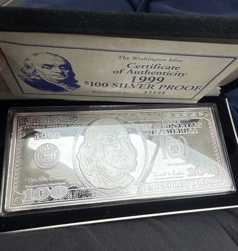 1999 US $100 Proof Bill - Washington Mint 4oz .999 Fine Silver Bar