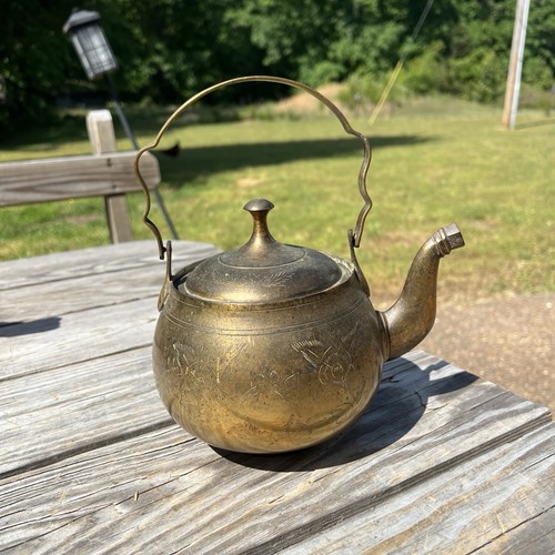 Vintage Brass Teapot Etched Floral Design Tea Kettle with Patina