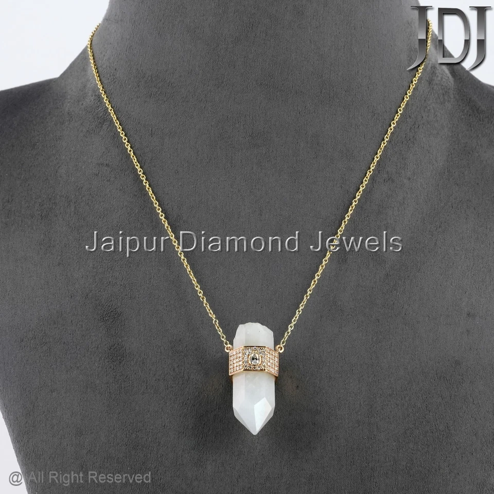 14K Yellow Gold Natural Diamond Moonstone Gemstone Pendant Chain Necklace - Image 2 of 4