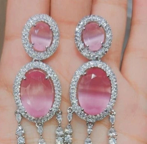 Lindos brincos de festa de casamento Dangler com turmalina e safira simulados - Imagem 2 de 4