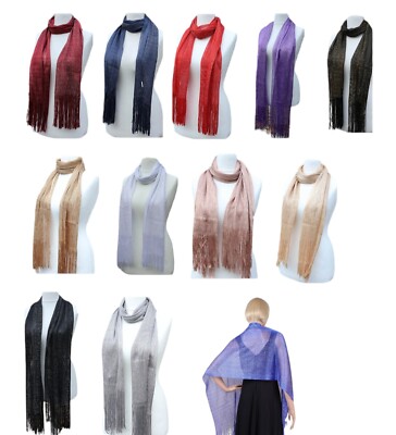 Damen Glitzer Metallic Abend Schal Tuch Lurex Netz Halstuch Überwurf mit Fransen