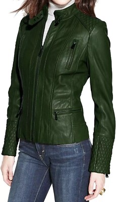 Women's 100% Genuine Lambskin Leather Green Jacket Quilted Biker Designer Coat