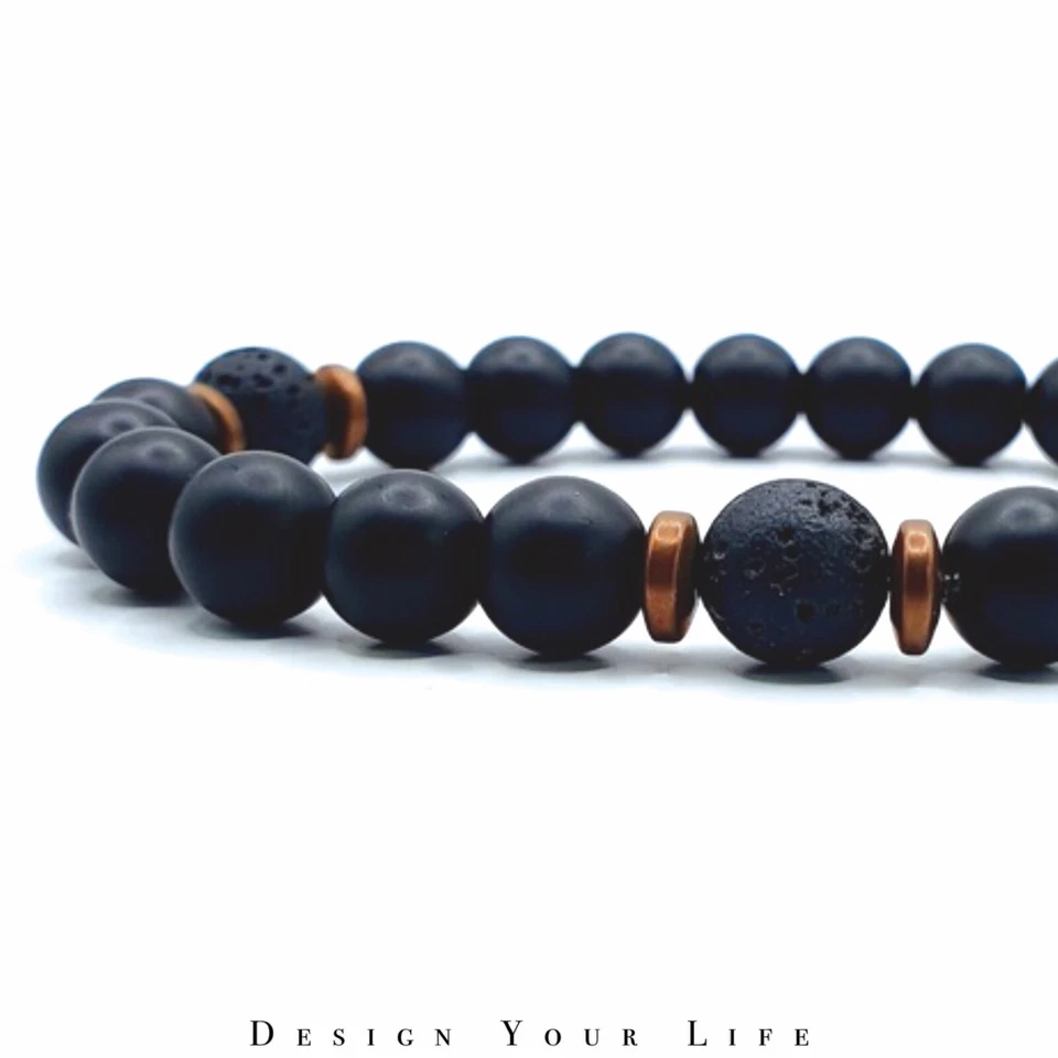 Herren Armband mit 6mm oder 8mm Onyx - Lava Naturstein Perlen und Bronze Spacer - Bild 2 von 3