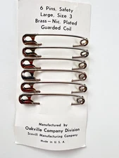 NOS Vntg Oakville Safety Pins Size 3 Large Brass Nickel Plated Guarded Coil USA