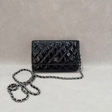 Chanel Wallet On Chain WOC Black Patent Leather Chain Flap Crossbody Bag Auth
