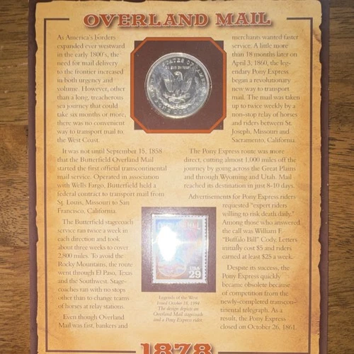 Morgan Silver Dollar 1878 Uncirculated 90% Silver Overland Mail Presentation