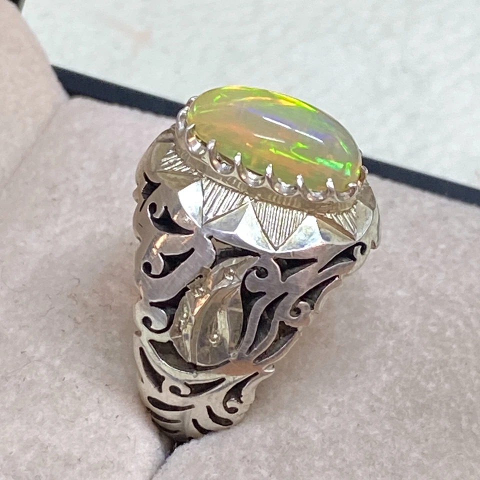 Anillo AAA 925 plata esterlina para hombre natural blanco ópalo australiano piedra a todo color Foto 2 de 4