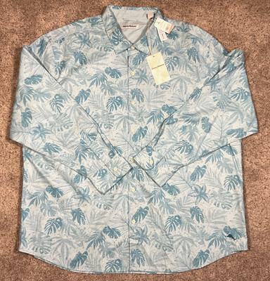 TOMMY BAHAMA Digital Palms Chambray Shirt Mens 3XL Lng Slv Button Up Mosaic Blue