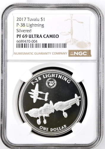 2017 Tuvalu $1 Dollar Elizabeth II WWII Fighter P-38 LIGHTNING NGC PF 69 UC