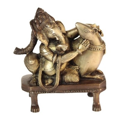Brass Lord Ganesha Playing with Mooshak Rat Idol Statue Sculpture Figurine
