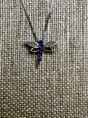 Sterling Silver 925 Necklace Box Chain Amethyst Dragonfly Pendant Two Tone Wings