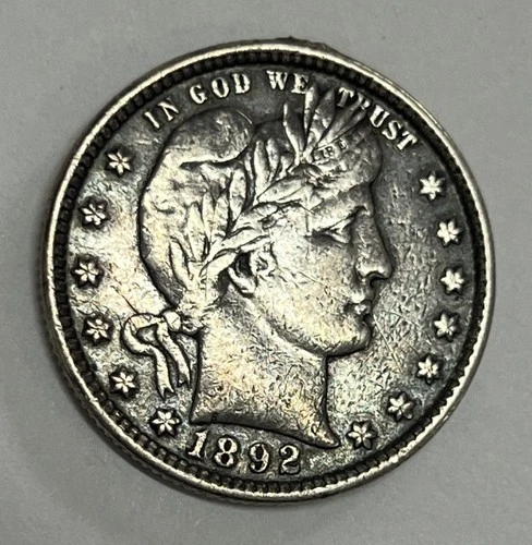 1892 Philadelphia Mint Silver Barber Quarter Very Fine Details