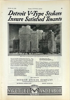Detroit V-Type Stokers, Insure Satisfied Tenants 1923 Vintage Print Ad