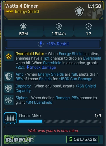 Borderlands 4 • MODDED Shield • Watts 4 Dinner 53m Cap • Lvl 50 • PS PC XBOX