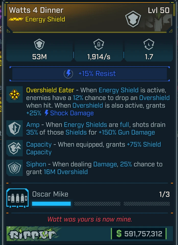 Borderlands 4 • MODDED Shield • Watts 4 Dinner 53m Cap • Lvl 50 • PS PC XBOX