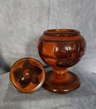 Vintage Wooden Hand Turned Carved Floral Design 7 Trinket Bowl Dish With Lid