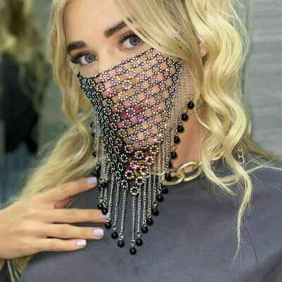 Women Hollow Out Bling Rhinestone Face Veil Mask Tassel Fringe Trim Party Club
