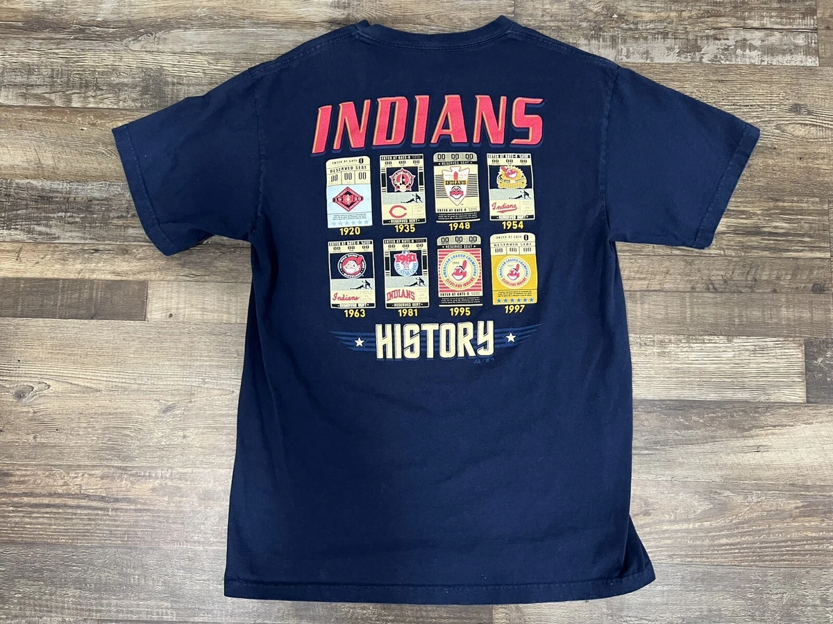 Men's Majestic CLEVELAND INDIANS HISTORY T-shirt Size Medium CHIEF  WAHOO LOGOS