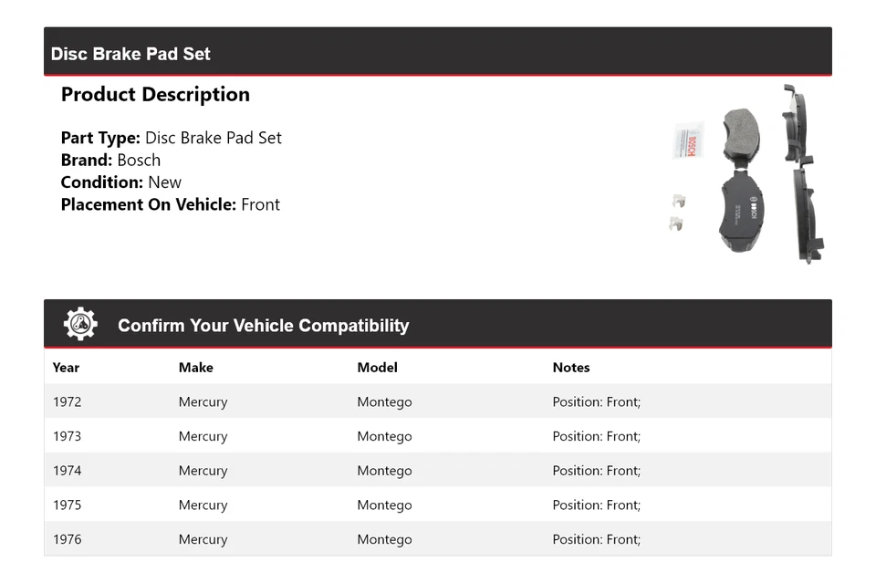 Pastillas de freno delanteras semimetálicas QuietCast Bosch Mercury Montego 1972-1976 Foto 2 de 4