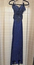 Womens Blue Fully Beaded And Sequined Prom Formal Dress Gown Backless Sz XS-S