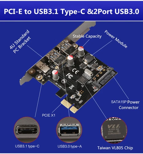 5Gbps PCI-E to 2 USB 3.0 &3.1 Type C PCI Express Expansion Card Adapter VLI Chip