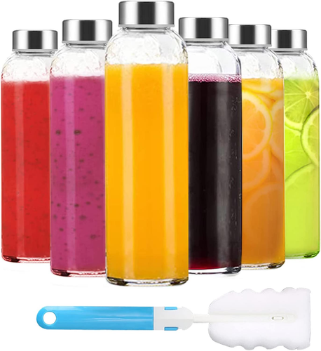 Clear Glass Bottles with Lids 18 Oz, Reusable Glass Water Bottles with Stainless