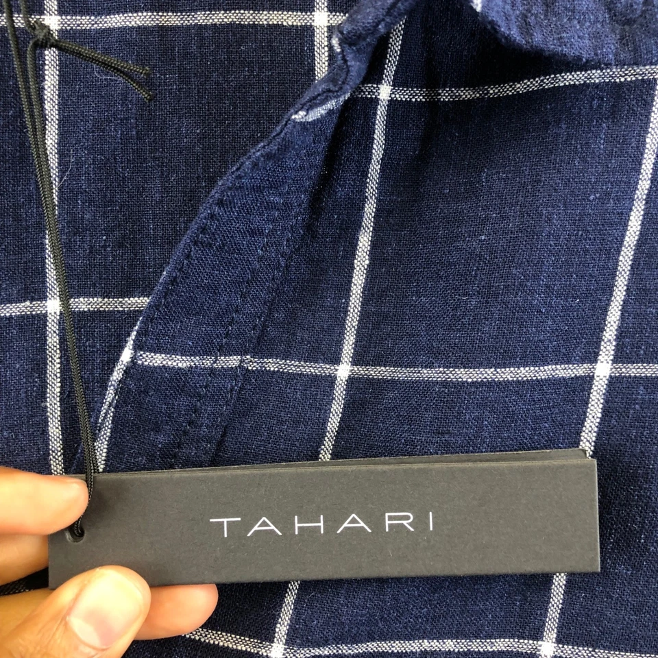 Nuevo Top túnica Tahari 2X azul marino a cuadros mezcla de lino manga corta cuello Foto 3 de 4