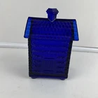 Vintage Style Cobalt Blue Depression Glass Cabin Candy Dish Box