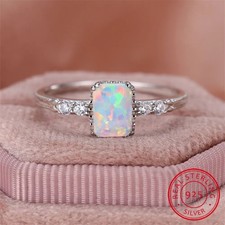 Real 925 Sterling Silver Ring White Fire Opal Square Zircon Accents Dainty