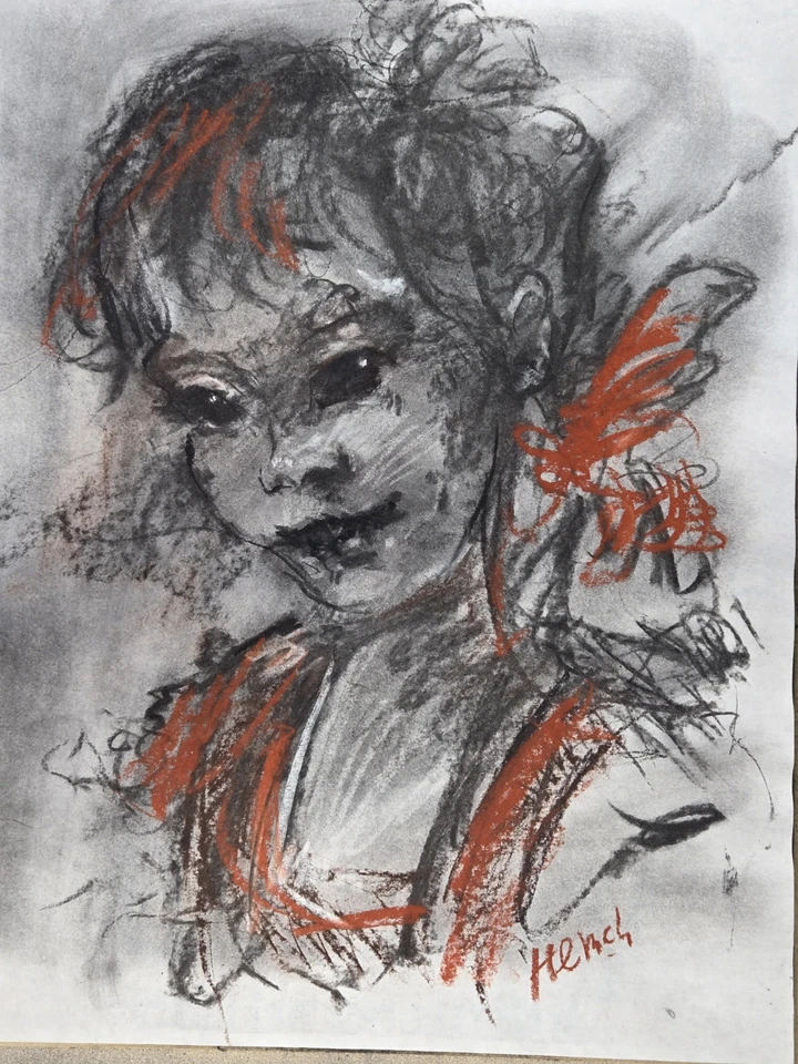 Arte abstracto vintage carbón y pastel retrato de un niño, firmado gallina Foto 3 de 4