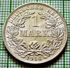 GERMANY Empire Wilhelm II 1914 F 1 MARK, Silver UNC Lustre pre-WWI coinage