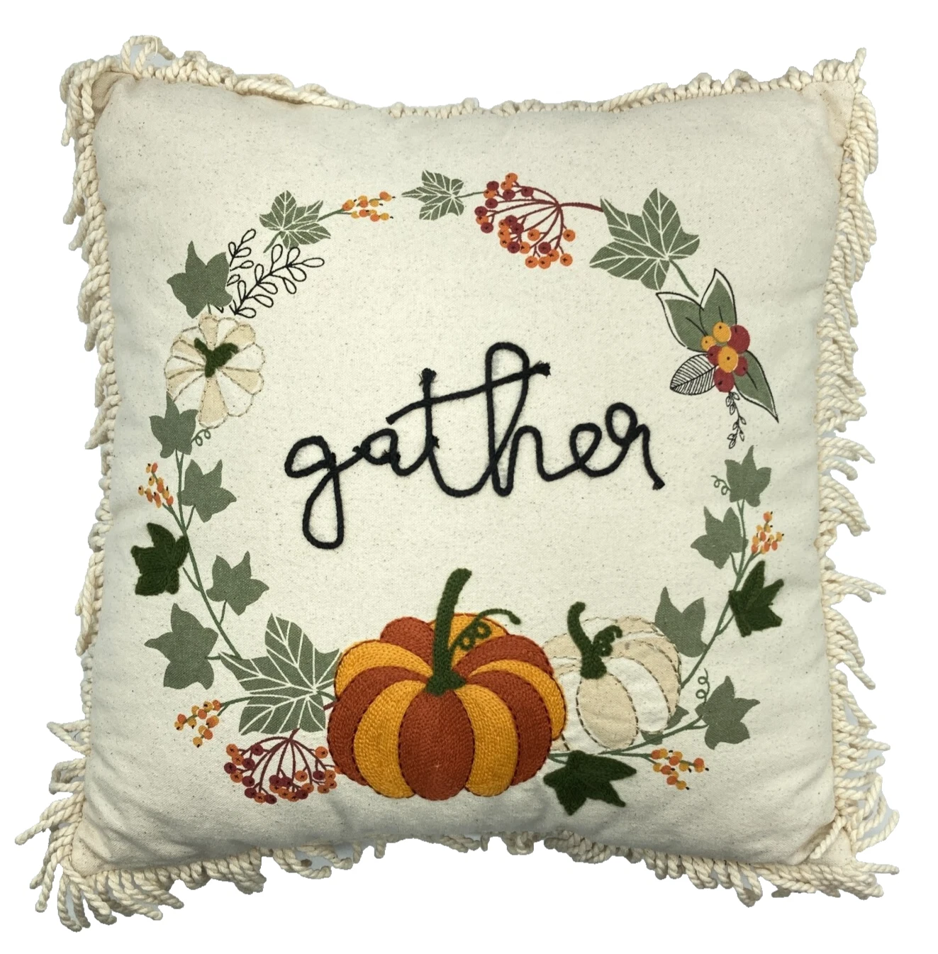 Throw Pillow 16 in Pumpkin Crewel Gather Fringe Thanksgiving Autumn Harvest VTG