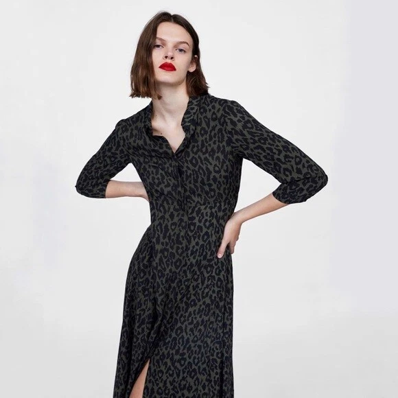 Zara Womens Olive Green Leopard Print Maxi Dress XS REF 2183 250