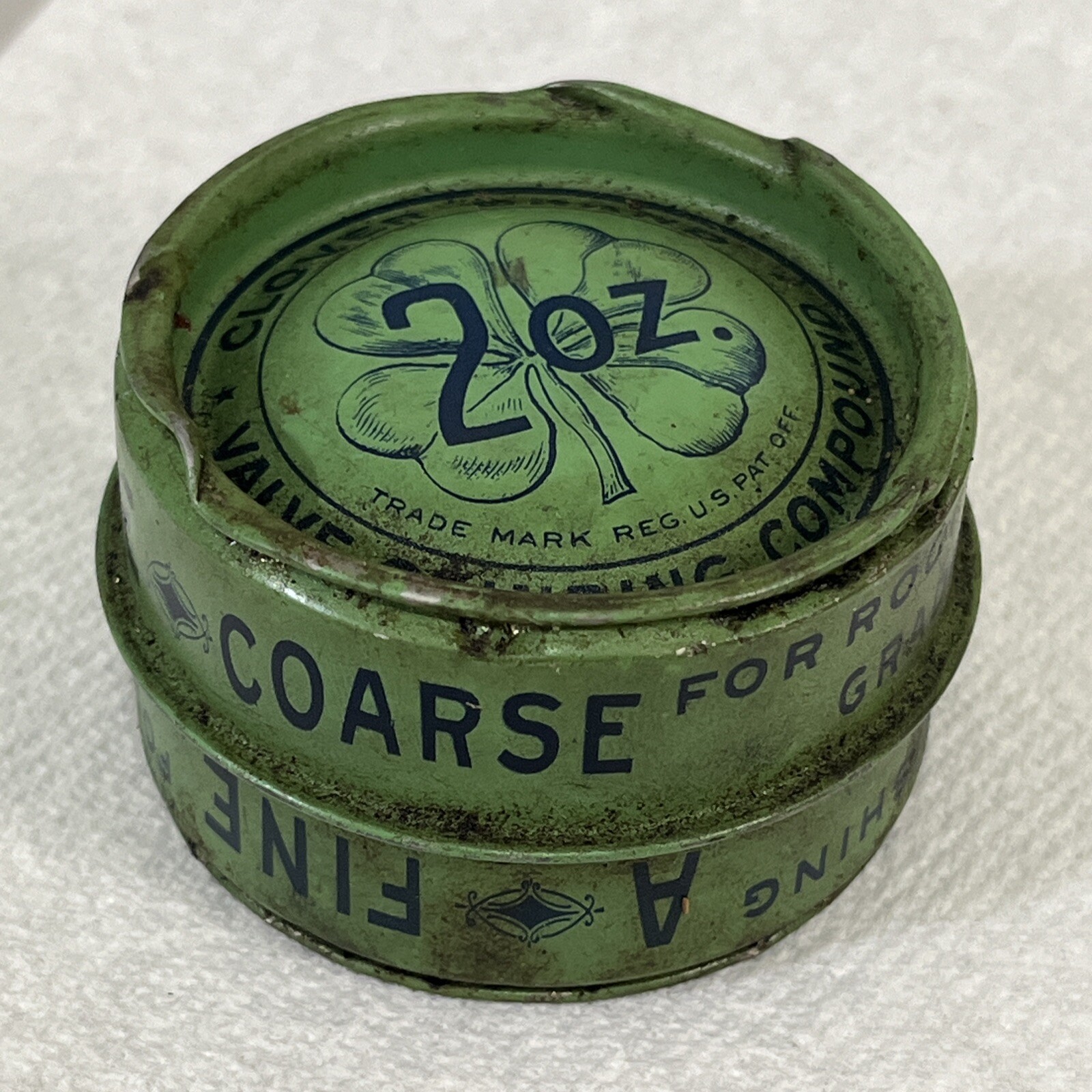 Vintage Clover Brand Valve Grinding Compound Advertising Tin 2oz Green